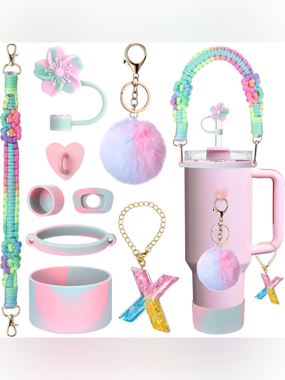 Mity Rain Stanley Cup Accessories Set - Rainbow Pastel 9-Piece - NIP